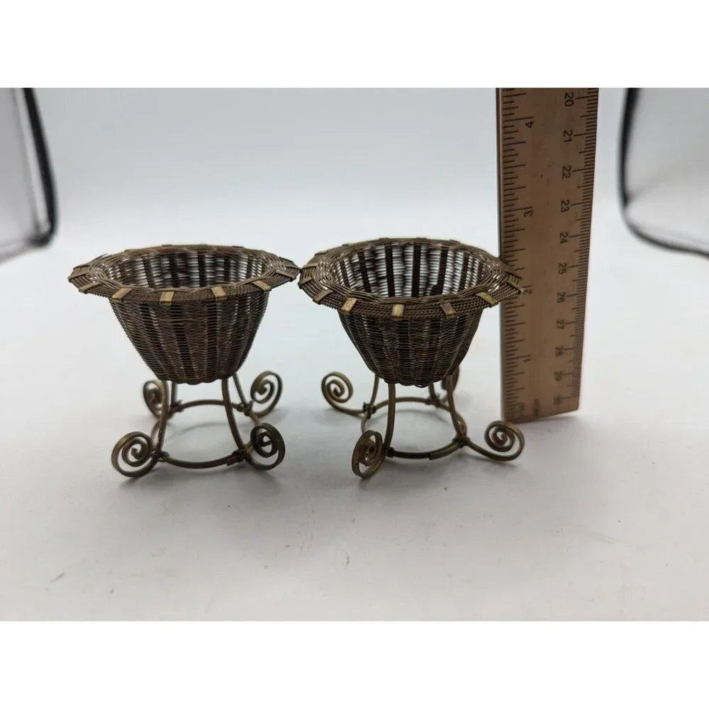 Set Of 2 Vintage Antique Brass Tiny Woven Baskets, egg holder